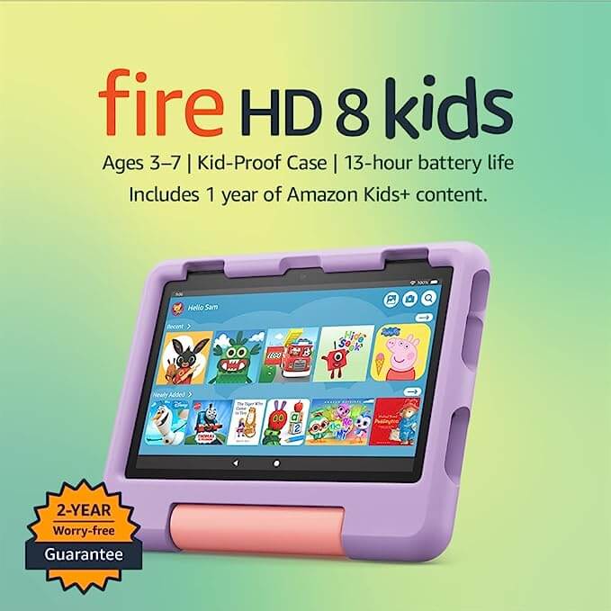 Amazon Fire HD 8 Kids tablet | 8-inch HD display, ages 3–7, includes 2-year worry-free guarantee, Kid-Proof Case, 32 GB, 2022 release, Purple